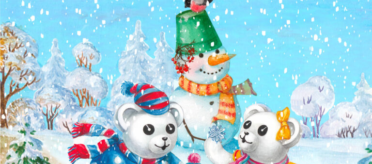 Piirroskuva nalleista lumiukon kanssa.