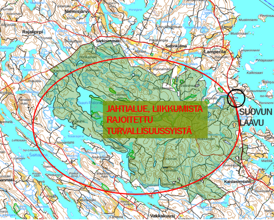 Karttakuva, johon on merkitty punaisella alue, jossa liikkumista on rajoitettu hirvijahdin aikana.