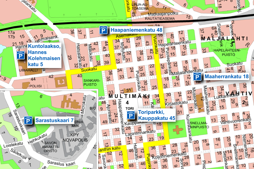 Muutosta koskevat pysäköintilaitokset kartalla.