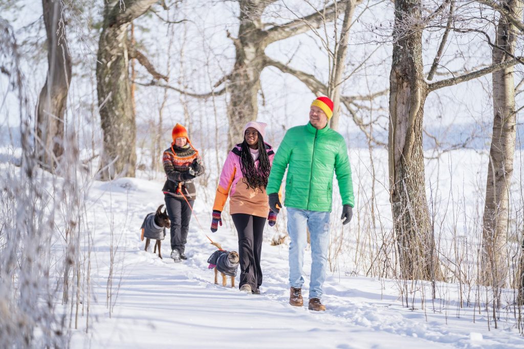 Talvisessa, kirkkaassa päivän valossa kolme kävelijää puiden lomassa. Mukana on myös kaksi koiraa.