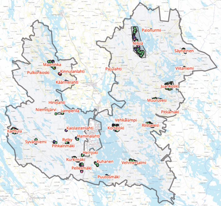 Karttakuva, johon merkitty maaseututaajamat.