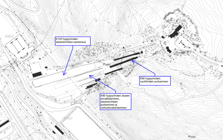 Karttakuva, johon on merkitty urakkakohteet Puijolla.