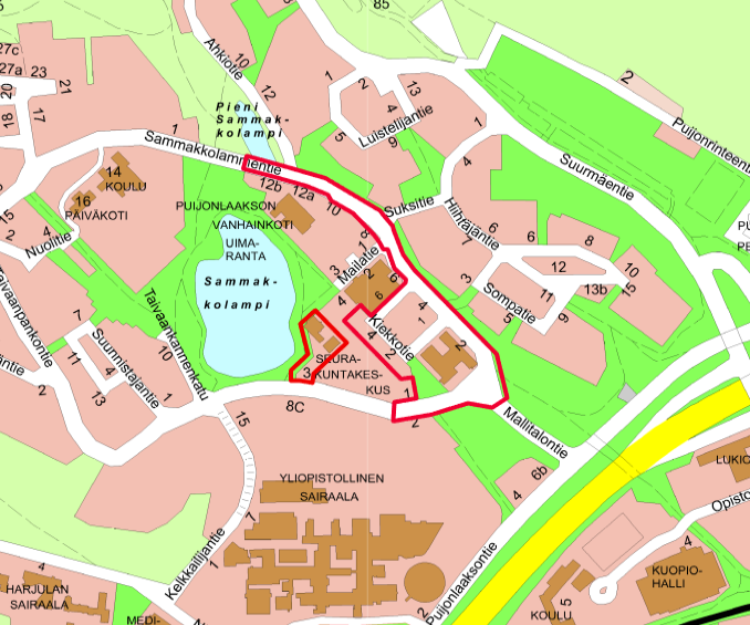 Puijonlaakson keskuksen suunnittelualue kartalla.