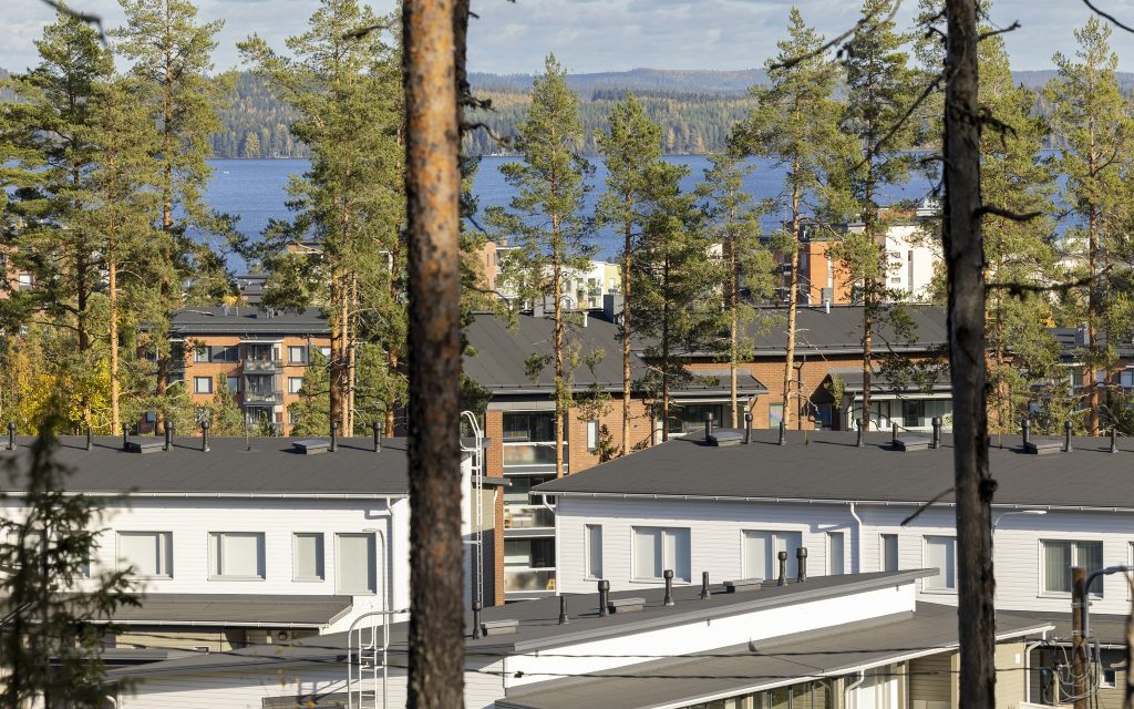 Taustalla järvi, metsää ja puiden välissä rivitaloja.