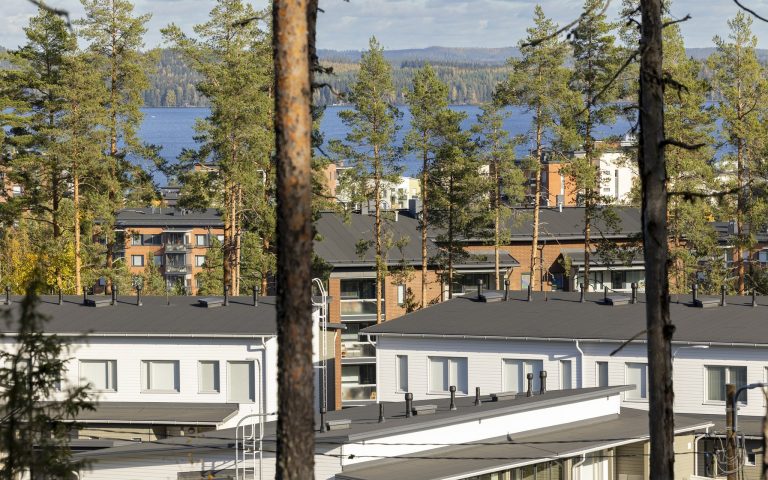 Taustalla järvi, metsää ja puiden välissä rivitaloja.