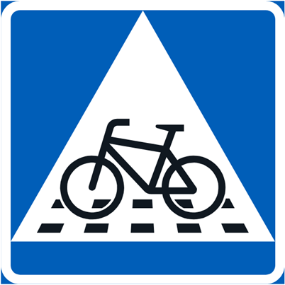 Väistämisvelvollisuus pyöräilijän tienylityspaikassa -liikennemerkki, jossa on sinistä ja valkoista sekä musta pyörän kuva.