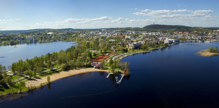 Väinölänniemen aluetta, ylhäältäpäin kuvattuna. Vihreitä puita, hiekkaranta, järveä ja taustalla sininen taivas.
