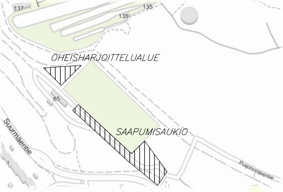 Karttakuvaan on kuvattu Puijon hiihtostadionin saaoumisalue ja oheisharjoittelualue.