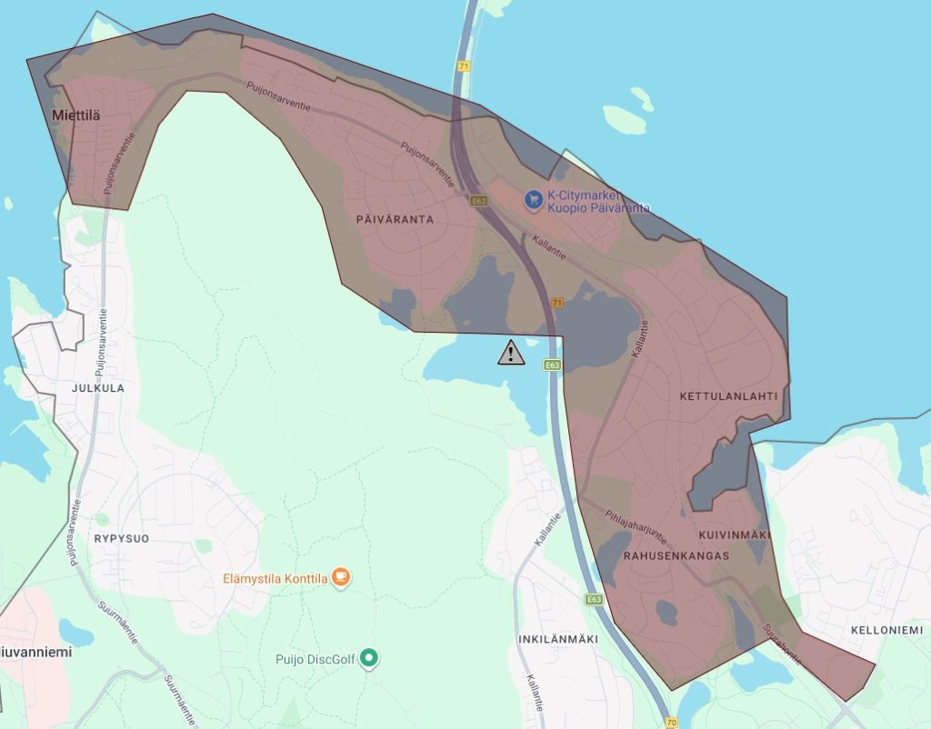 Karttakuva Kuopion Päivärannan, Kettulanlahden, Rahusenkankaan ja osin Miettlän alueista. Kartalle on merkitty tummennetulla alueella ne kaupunginosat, joilla saattaa esiintyä vedentuotannon häiriöitä torstaina 17.9.2026. Tummennettu alue ulottuu Miettlästä Päivärannan kautta Kettulanlahteen ja Rahusenkankaalle. Muut alueet näkyvät kartalla vaaleampina.