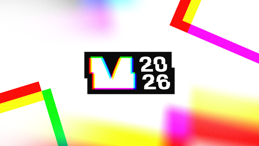 Graphic illustration featuring the M2026 logo on a light background with blurred neon colors and colorful geometric shapes.