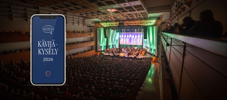 Kävijäkysely-teksti ja orkesteri soittamassa konserttisalin lavalla.