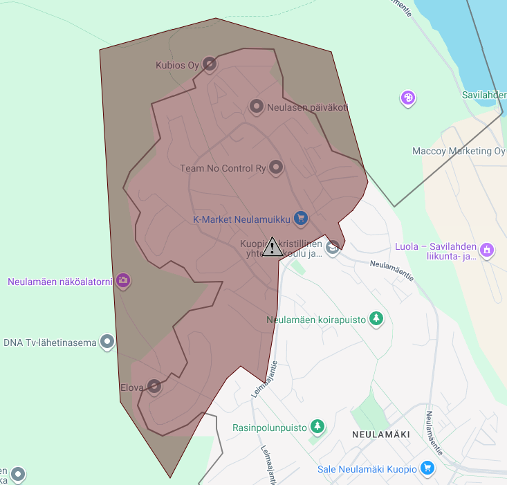 Kartta Neulamäen alueesta Kuopiossa. Karttaan on merkitty tummalla värillä alue, jossa veden paine voi vaihdella tai veden laatu voi tilapäisesti heikentyä maanantaina 28.9.2026 klo 9.00–13.00. Häiriöalue sijaitsee Neulamäessä Neulamäentien ympäristössä.