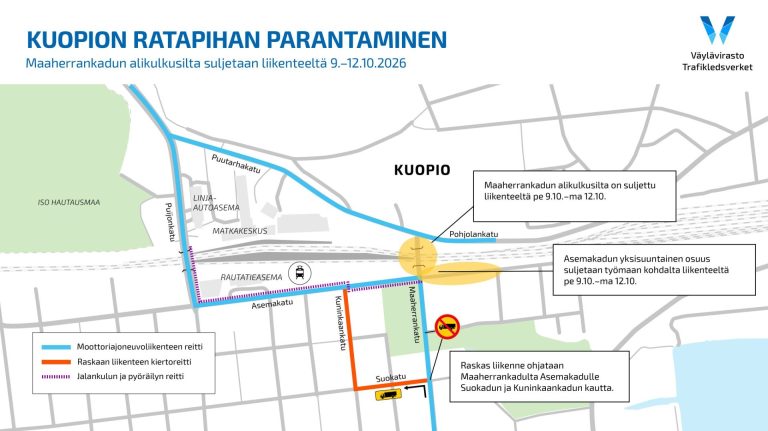 Kartta näyttää Maaherrankadun poikkeusliikennejärjestelyt Kuopiossa 9.–12.10.2026. Maaherrankatu on suljettu ratasillan kohdalta. Jalankulkijat, pyöräilijät, autot ja raskas liikenne kulkevat merkittyjä kiertoreittejä pitkin.