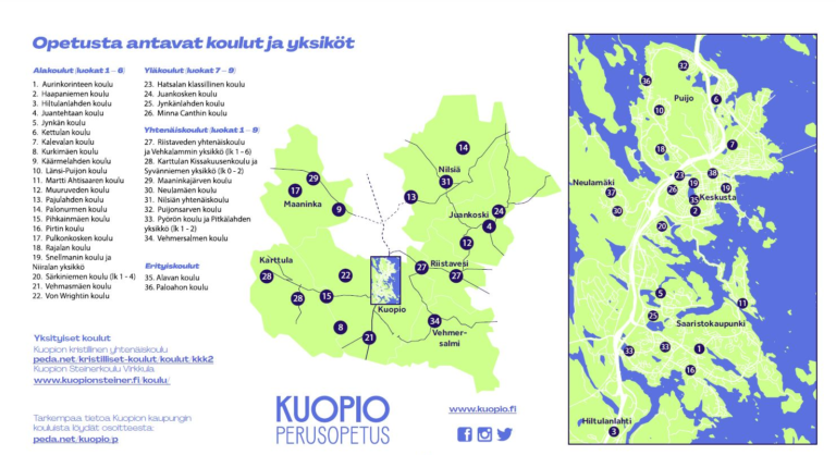 Kuopion alueen koulut kuvattu kartalle.