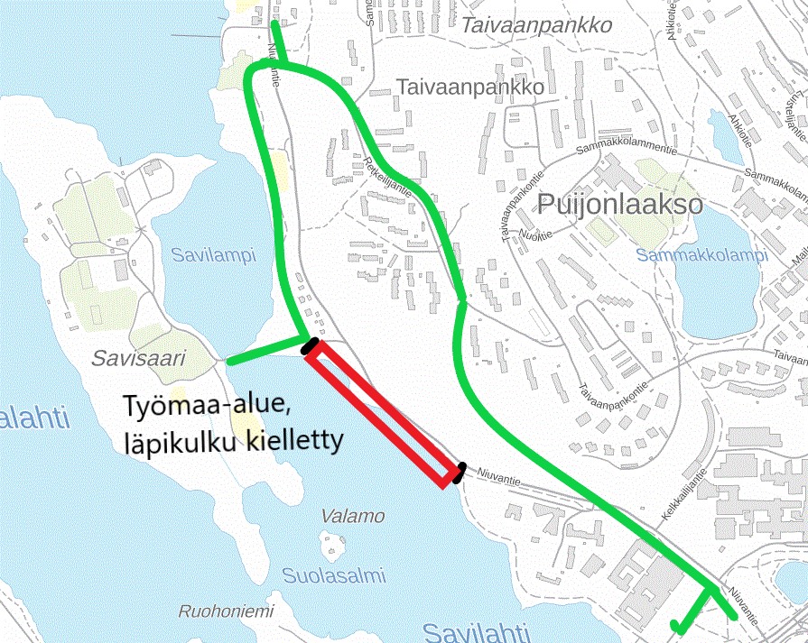 Karttakuva kiertotiestä jalankulku- ja pyöräilyväylästä Savisaaresta Harjulan sairaalaan.