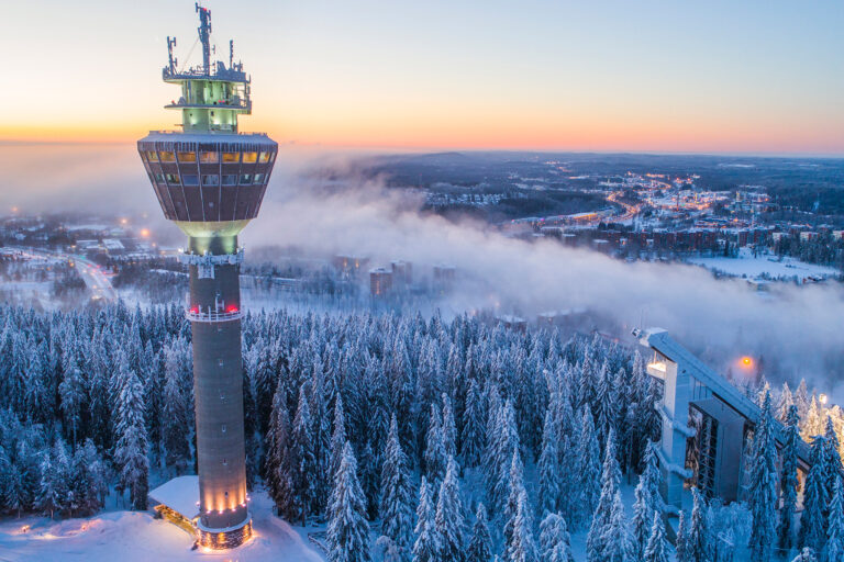 Puijon torni talvisen metsän ja usvan keskellä.