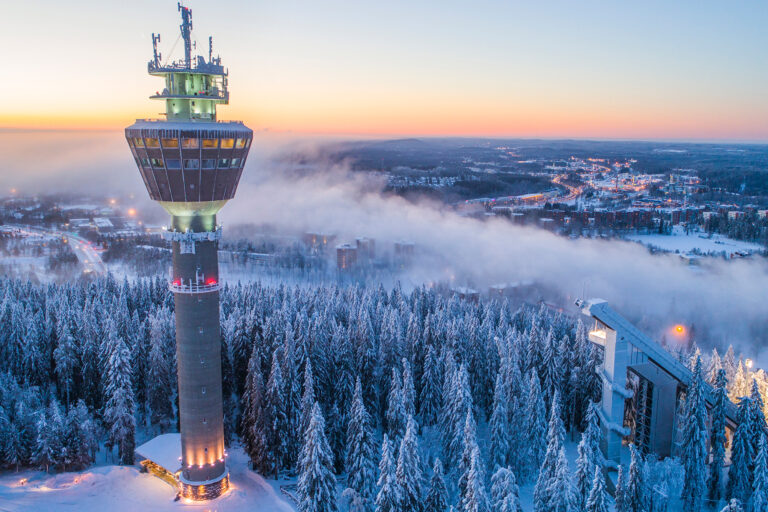 Puijon torni talvisen metsän ja usvan keskellä.