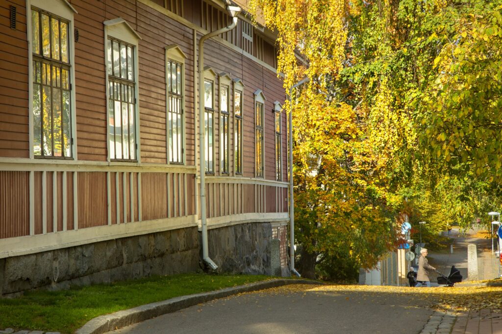 Puutalon kaunista seinää ruskassa loistavalla rännikadulla.