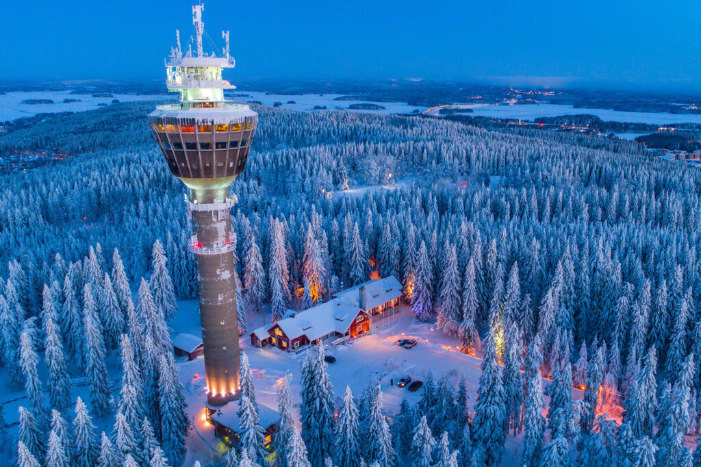 Puijon torni talvisen metsän keskellä.