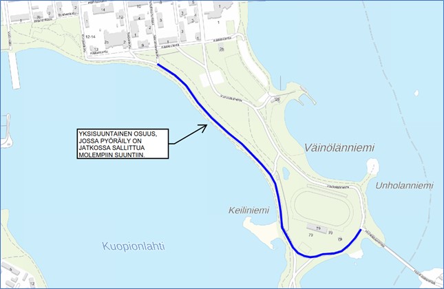 Karttakuva Väinölänniemen kaksisuuntaisesta pyöräliikenteen katuosuudesta