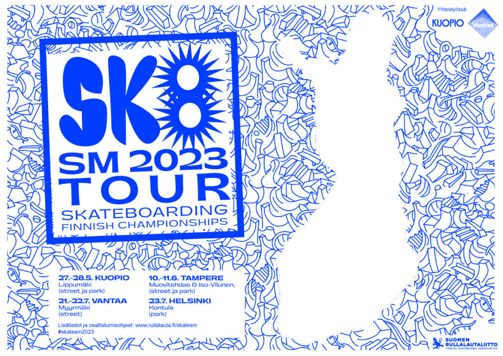Skeittauksen SM 2023 kiertueen mainos, graafinen kartta ja kilpailupaikkakunnat