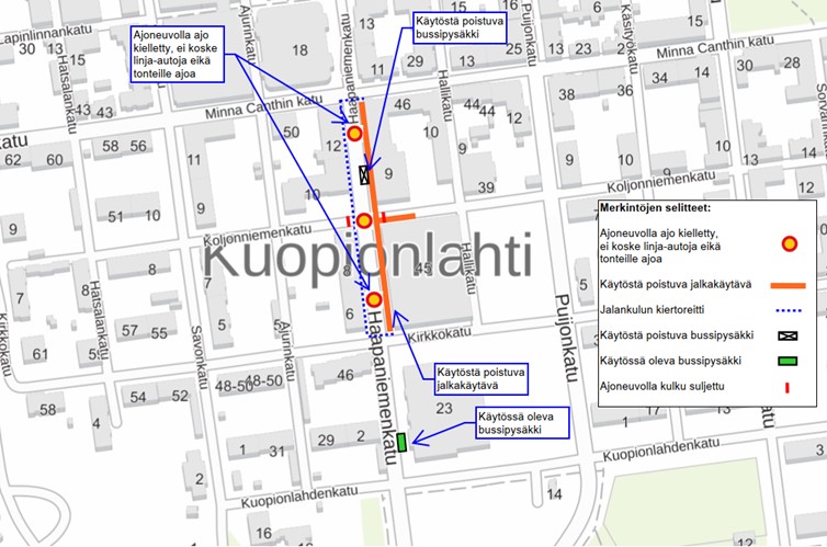 Karttakuva Haapaniemenkadun urakkaan liittyvistä liikennejärjestelyistä