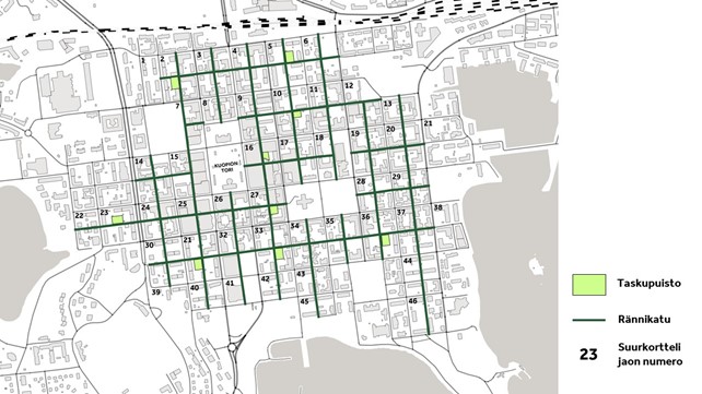 Karttakuva, johon on merkittynä vihreällä taskupuistojen sijainti keskusta-alueella.