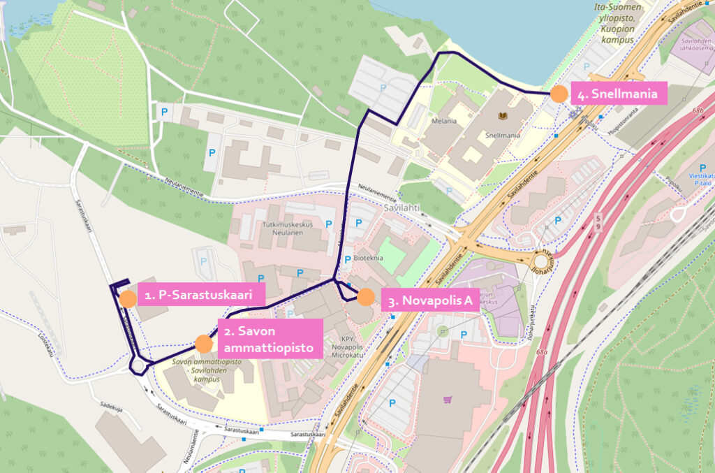 Robottibussin reitti kulkee Sarastuskaaren pysäköintilaitokselta Snellmanialle.