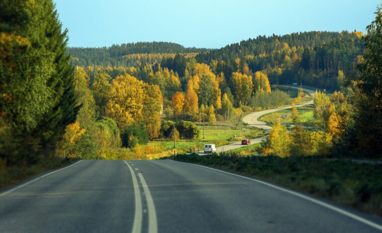 Haminalahden maisemaa autotieltä kuvattuna. Edessä mäkinen ja mutkitteleva autotie.