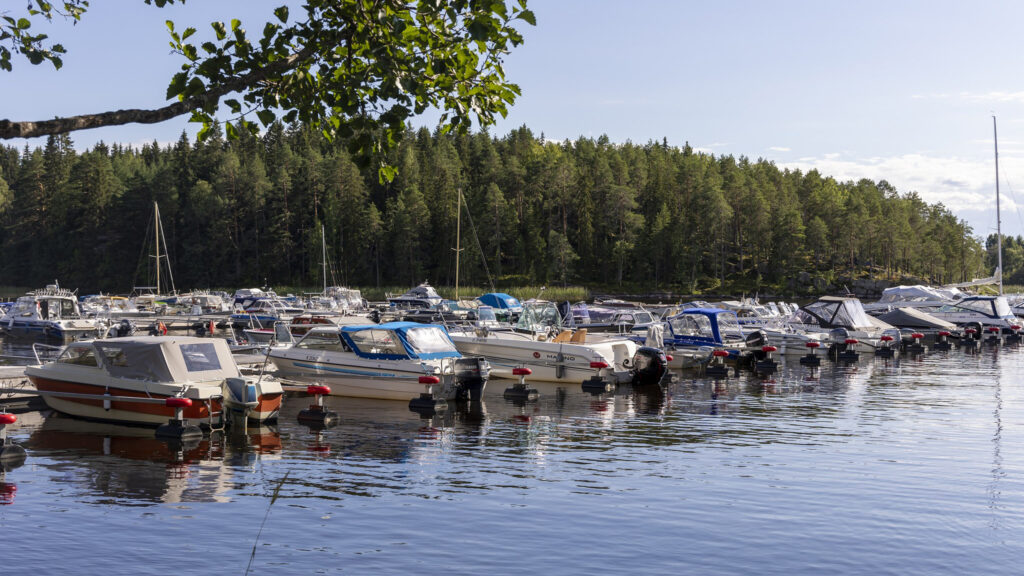 Etualalla sininen järven pinta. Veneitä satamassa ja taustalla metsää.