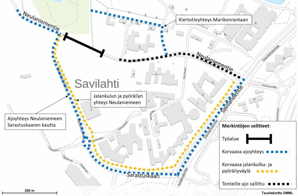 Karttakuva Savilahden alueesta ja Neulamäentien työmaa-alueesta.
