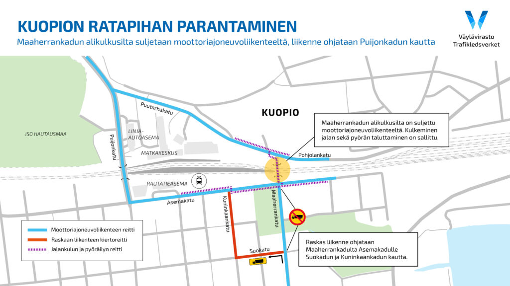 Kuvassa on esitetty poikkeuksellisia liikennejärjestelyjä Maaherrankadulla alikulkusillan rakennustöiden aikana.