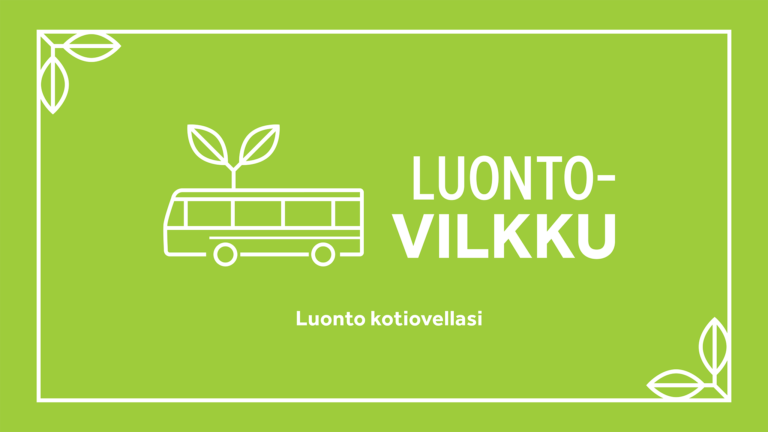 Vihreällä taustalla linja-auton kuva valkealla ja teksti LuontoVilkku
