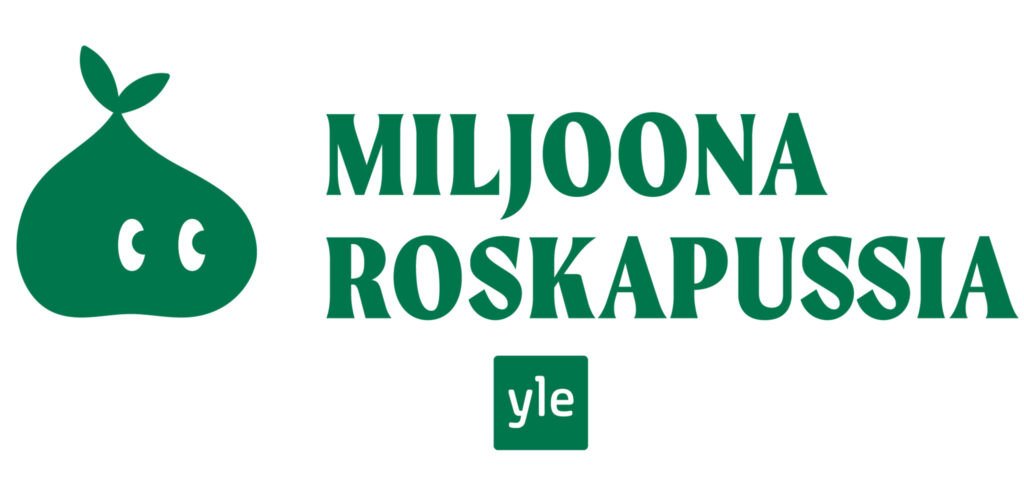 Valkealla taustalla vihreä teksti, jossa lukee Miljoona roskapussia. Myös Ylen vihreä logo ja roskapussin kuva vasemmalla.