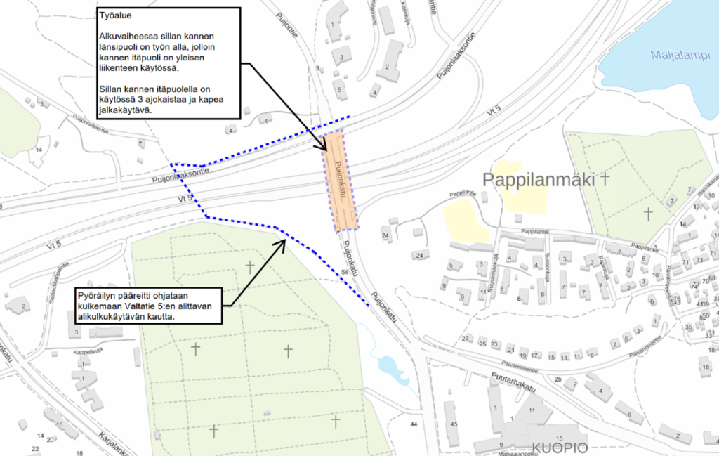 Karttakuva Puijonkadulla, moottoritien ylittävän sillan alkavan saneerauksen liikennejärjestelyistä.