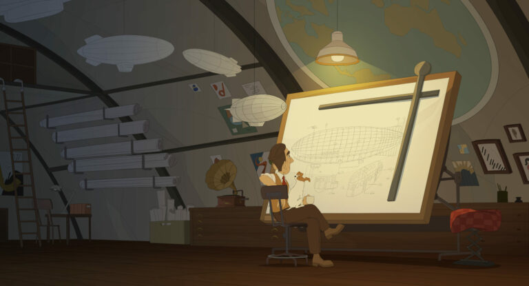 Still kuva animaatioelokuvasta Titina-terrieri pohjoisnavalla, suunnittelija piirtopöydän ääressä työhuoneessaan
