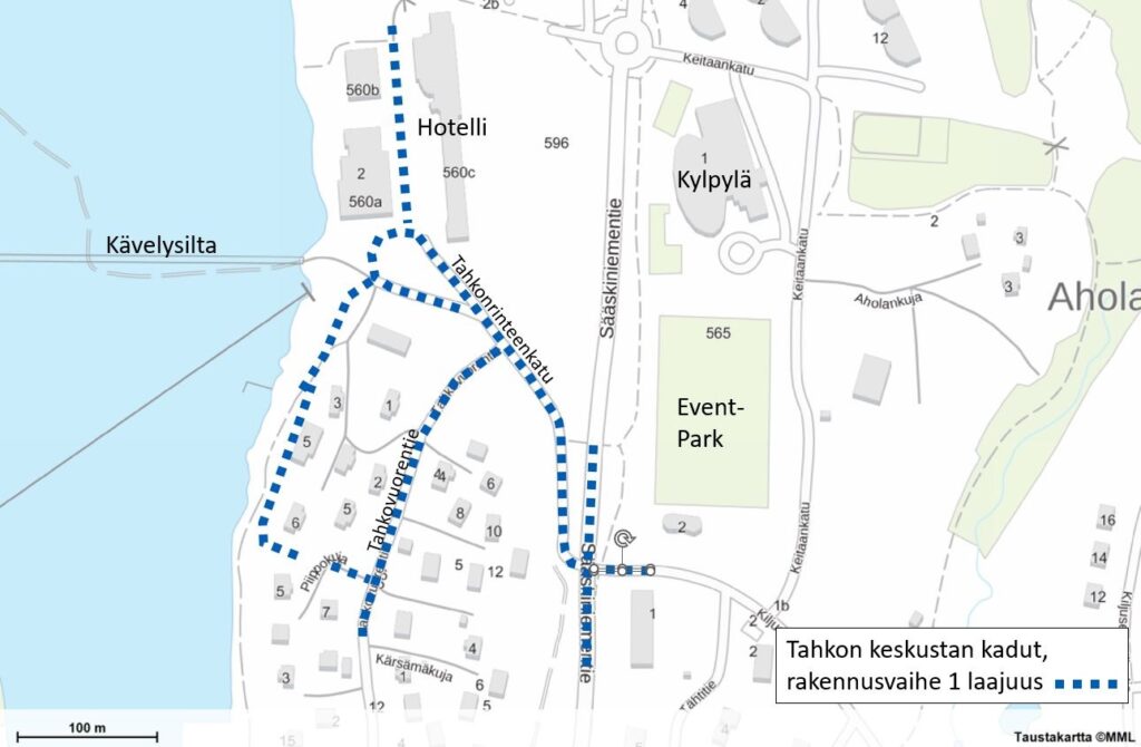 Karttakuva Tahkon keskustaan rakennettavasta kunnallistekniikasta.