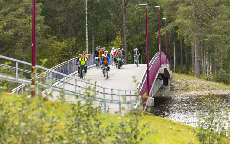 Sillalla ajaa joukko pyöräilijöitä kesäisenä päivänä.